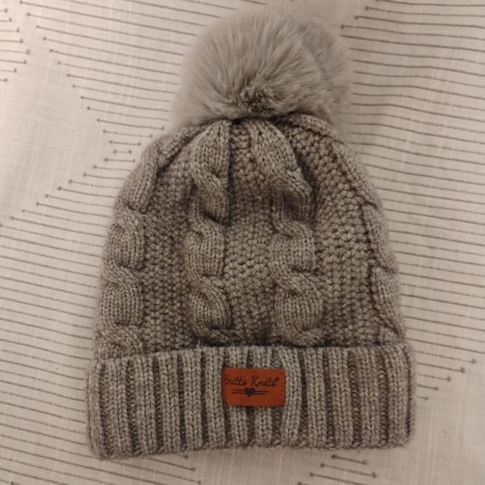 Britt's Knits Gray Cable Knit Beanie with Pom Pom